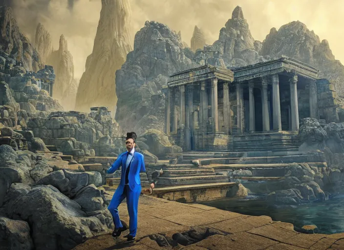 Prompt: scene from a video game of a man in a blue suit standing in a stone temple, a detailed matte painting by senior environment artist, cgsociety, fantasy art, reimagined by industrial light and magic, unreal engine 5, matte painting