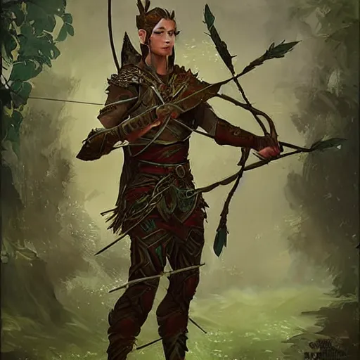 Image similar to male elven Archer armor made of leaves, epic fantasy digital art, fantasy style art, by Greg Rutkowski, fantasy hearthstone card art style