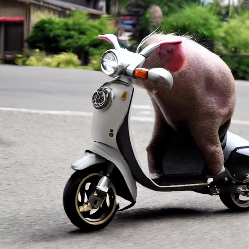 Prompt: a pig riding a scooter