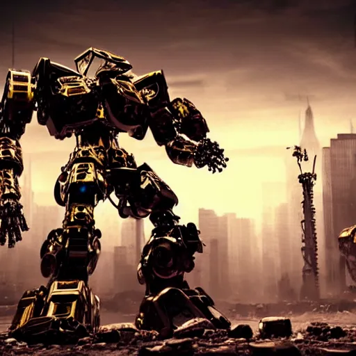 Image similar to a shiny ornate boxing humanoid mecha in ruin city, victory, punk style, by war robots, real steel ( 2 0 1 1 ), westworld and eve venture and pacific rim and machine warrior 5, cryengine, frostbite 3 engine, scarlet and yellow scheme, sharp focus, 8 k, high definition, insanely detailed, soft lighting, smooth face