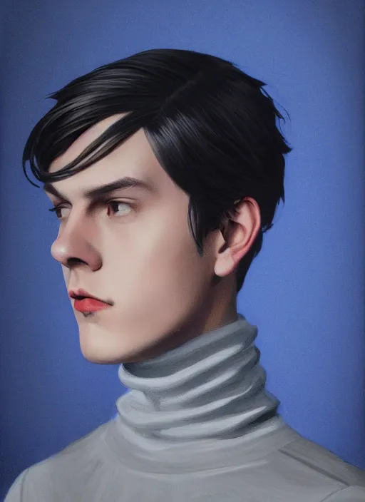 Image similar to portrait of teenage jughead jones wearing a light grey crown, crown, blue turtleneck, 1 9 5 0 s, closed eyes, photorealistic, black hair, glowing lighting, intricate, elegant, glowing lights, highly detailed, digital painting, artstation, concept art, smooth, sharp focus, illustration, art by wlop, mars ravelo and greg rutkowski