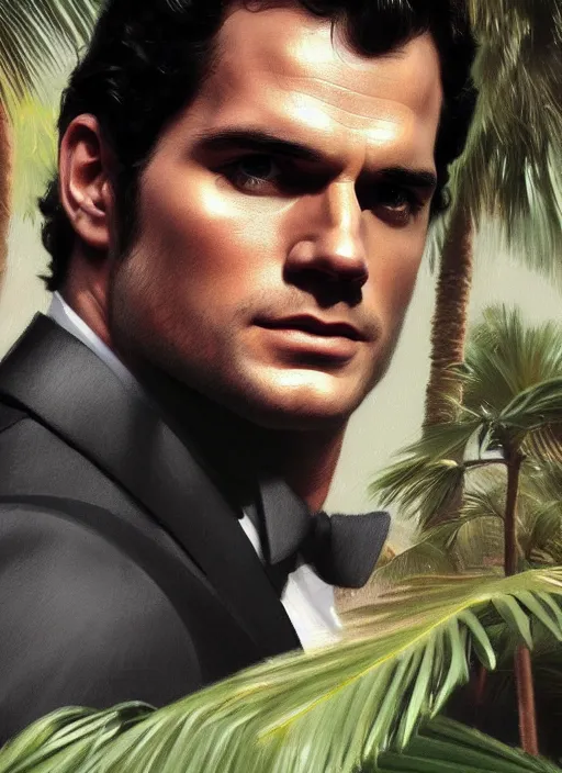 Image similar to portrait of henry cavill as james bond, key art, sprinting, palm trees, aston martin db 1 0, highly detailed, digital painting, artstation, concept art, cinematic lighting, sharp focus, illustration, by gaston bussiere alphonse mucha