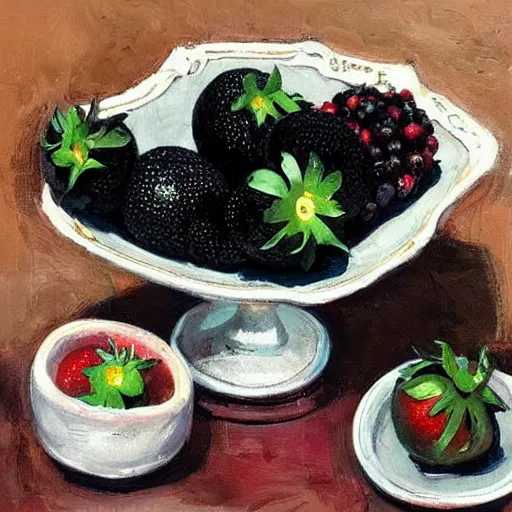 Image similar to table with very very black colored strawberries, #black strawberry fruit, ?black strawberry, !black strawberries, •black strawberries painted by rossdraws, greg rutkowski, thomas kindkade