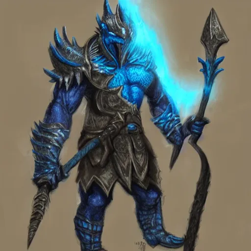 Image similar to fantasy concept art; portrait of a blue dragonborn wielding an axe; barbarian clothing; detailed sketch