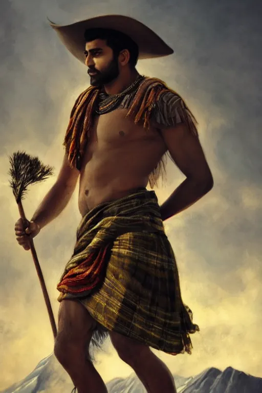 Prompt: a dramatic epic beautiful painting of a handsome shirtless desi man in the mountains | he is wearing a plaid kilt and cowboy hat, and holding a walking stick | background is mountains! and clouds | dramatic lighting, golden hour, homoerotic | trending on artstation