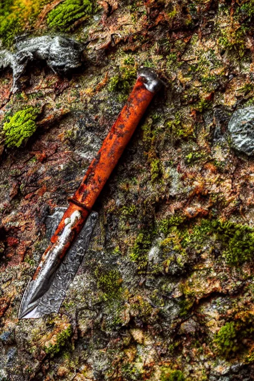Prompt: a portrait of a rusty sword half embedded in a rock, rust and corrosion, moss and vegetation, ancient forest, excalibur, close - up, intricate details, intricately detailed textures, warm lighting, vivid colors, smoke and mist, hyper realistic octane render, volumetric shading, depth of field, raytracing, 8 k,