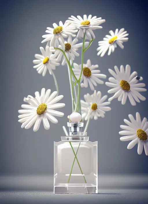 Image similar to perfume bottle standing in a miniature biomechanical white enchanted coral kingdom daisies, roses in an ivory room well contoured smooth fair walls, up close shot, sharp focus, global illumination, radiant light, alexandre ferra white mecha, irakli nadar, octane highly render, 4 k, ultra hd,