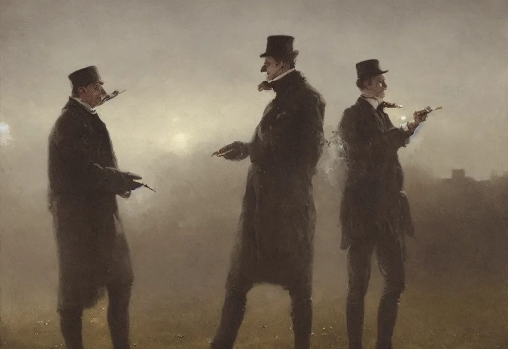 Image similar to victorian man smoking a cigarette, jakub rozalski, high detail, dramatic lighting, night