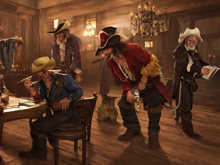 Prompt: A pirate and a goblin negotiate a contract with a vampire in a western saloon, 8k ultra realistic, detailed, intricate, full of colour, cinematic lighting, trending on artstation, 4k, hyperrealistic, focused, extreme details, unreal engine 5, cinematic, masterpiece