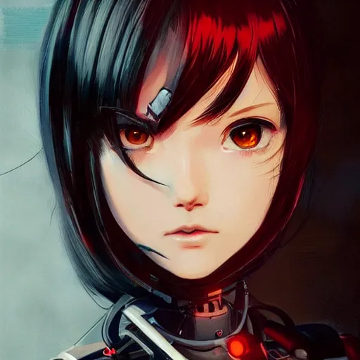 Image similar to A cyborg girl with big and cute eyes, fine-face, realistic shaded perfect face, fine details. red and black robotic parts. Very anime. Realistic shaded lighting poster by Ilya Kuvshinov katsuhiro, magali villeneuve, artgerm, Jeremy Lipkin and Michael Garmash, Rob Rey and Kentarõ Miura style, trending on art station