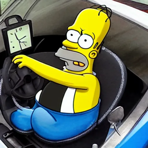 Image similar to Photo of excited Homer Simpson sitting in the driver seat of a LADA VAZ-1111