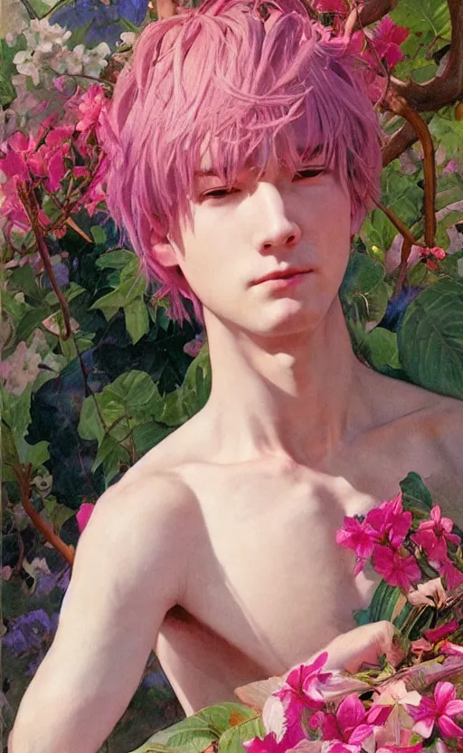 Prompt: androgynous cute pink haired yoongi wearing greek clothes, muted colors, colorful flowers, tropical, sunlight filtering through skin, j. c leyendecker, by alan lee, wlop! illustrated by starember, fantasy art by craig mullins cfg _ scale 8