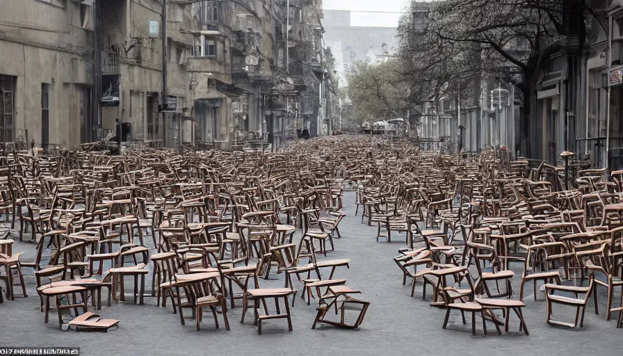 Image similar to chairs piled up ten meters high along the walls of the street, hyperrealistic shaded