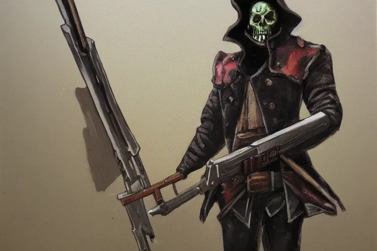 Prompt: painting of a gun wielding necromancer