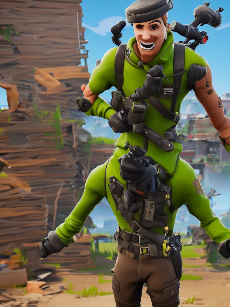 Image similar to fortnite character, anthropomorphic pickle, kind eyes and a derpy smile. flak jacket, ammo bandolier, cargo pants, black combat boots. fortnite style, unreal engine