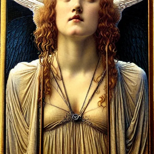 Image similar to detailed realistic beautiful young radiant medieval angel queen portrait by jean delville, gustave dore and marco mazzoni, art nouveau, symbolist, visionary, gothic, pre - raphaelite, horizontal symmetry