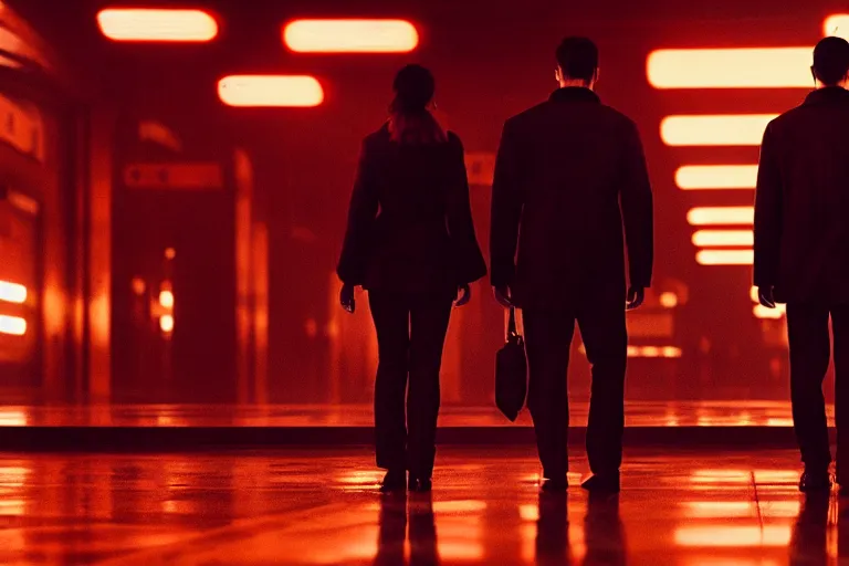 Image similar to film still of closeup beautiful model couple in blade runner 2 0 4 9, train station, cinematic, moody, gritty neon noir by emmanuel lubezki