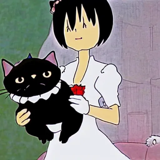 Prompt: a black cat wearing a white wedding dress and a pug dog in a tux, Miyazaki, studio ghibli