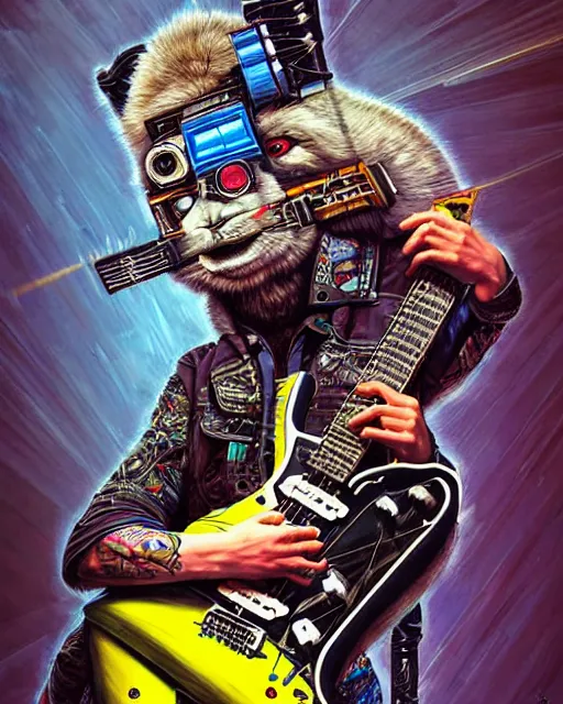 Image similar to a portrait of an anthropomorphic cyberpunk lama shredding an electric guitar by sandra chevrier, by jon foster, detailed render, tape deck, epic composition, cybernetics, 4 k realistic, cryengine, realistic shaded lighting, sharp focus, masterpiece, by enki bilal