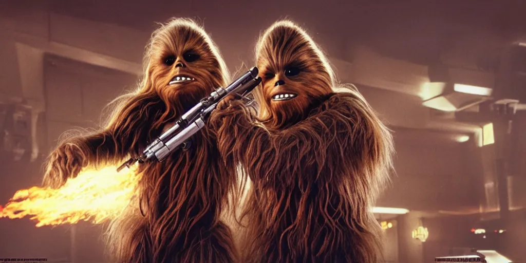 Image similar to chewbacca original trilogy photo real 1 9 7 7, 1 9 8 0, 1 9 8 3 portrait, motion blur, robotic arm, mcu style, explosions, fire, real life, spotted, ultra realistic face, accurate hands, 4 k, movie still, uhd, sharp, detailed, cinematic, render, modern