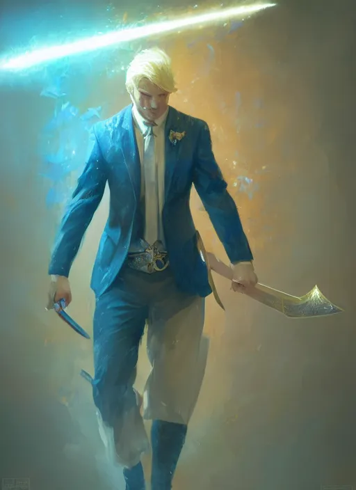 Image similar to a man in a blue suit with blond hair swinging a sword and holding a pistol, fantasy, d & d, heartstone, digital painting, volumetric light, intricate, sharp, focus, bloom, illustration, highly detailed, concept art, matte, ruan jia, randy vargas, greg rutkowski