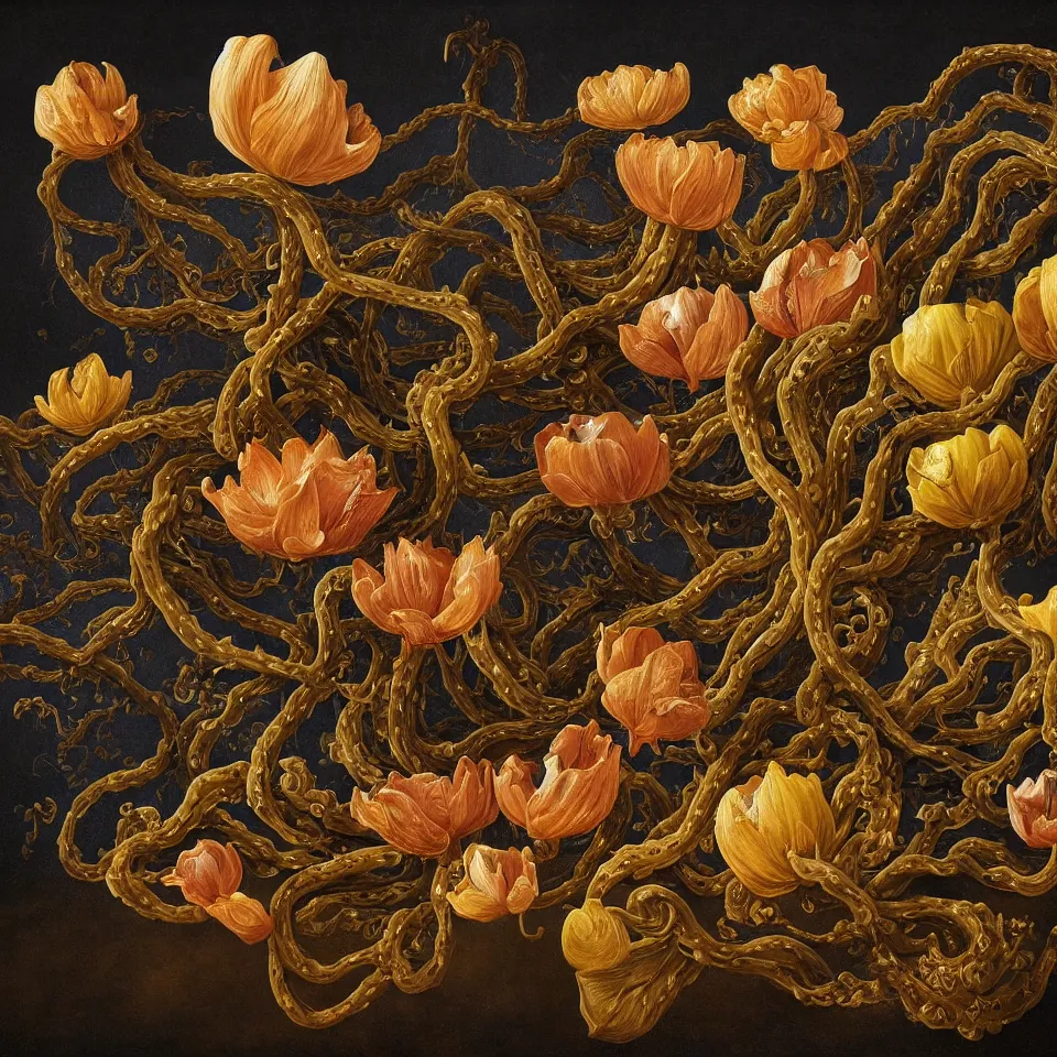 Image similar to dutch golden age bizarre withered lotus leaves portrait still life with detailed vines disturbing fractal forms sprouting up everywhere by rachel ruysch sky blue background chiaroscuro dramatic lighting perfect composition high definition 8 k oil painting with black background by christian rex van dali todd schorr of a chiaroscuro portrait recursive masterpiece