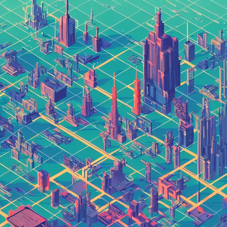 Image similar to isometric view illustration of a Cyberpunk Moscow, highly detailed, by James Gilleard and Bruce Pennington