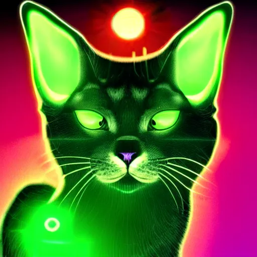 Image similar to Horned cat circuitboard alien, green laser light energy, uncanny devil creature, intelligent and cunning