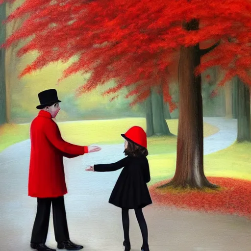 Image similar to A thin man in a black coat and bowler hat talks with small girl who is dressed in a red coat and a red hat, park, autumn, oil painting style, wide angle, high detail, width 768