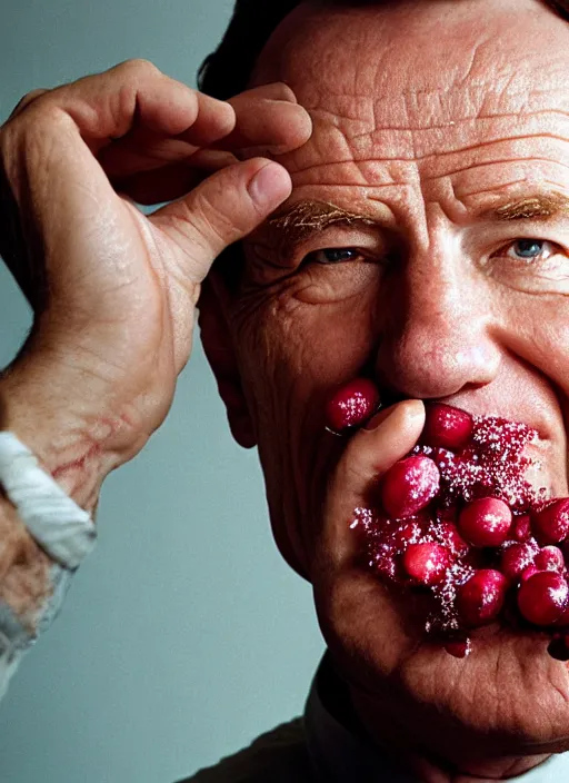 Image similar to bryan cranston bulging cheeks eating cranberries, open mouth filled with cranberries, studio light, bloom, detailed face, magazine, press, photo, steve mccurry, david lazar, canon, nikon, focus