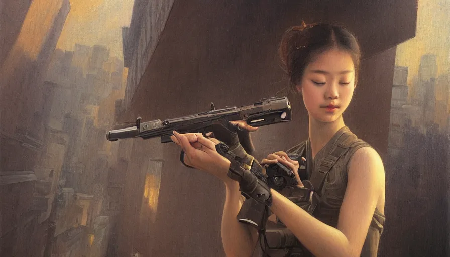 Image similar to a ultradetailed beautiful painting of a girl holding a gun on rio de janeiro by cheng hsiao - ron, ngai victo, jean delville by wlop and dougherty patrick, trending on artstation, sci fi, futurism, post capitalism, octane rendering, sharp focus