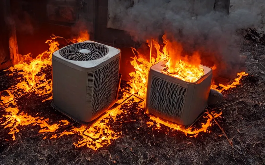 Image similar to evil ac unit made of fire, post apocalyptic, global warming