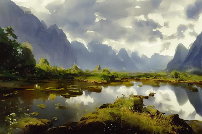 Prompt: watercolor painting of small river, pond, reflections, tall mountains and warm clouds, mythological art by hans gude, romance art by hans dahl, by jesper ejsing, art by anders zorn, wonderful masterpiece by greg rutkowski, cinematic light, american romanticism by greg manchess, creation by tyler edlin