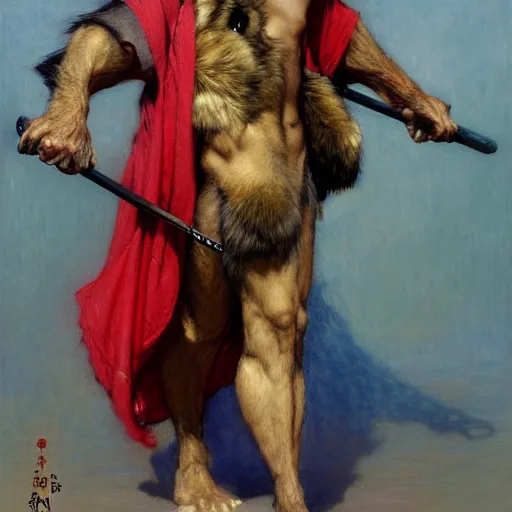 Image similar to a male ninja ratwolfman rat wolf man in a red kimono furry arms furry body walking stick. furaffinity furry art detailed face painting by gaston bussiere craig mullins jc leyendecker gustav klimt artgerm greg rutkowski furry