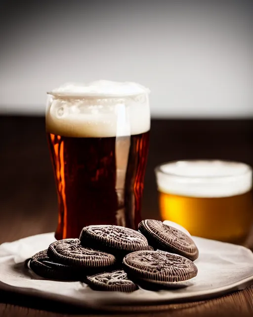 Image similar to dlsr food photograph of a hand dipping an oreo in beer, bokeh, studio lighting, 5 0 mm f 1. 4