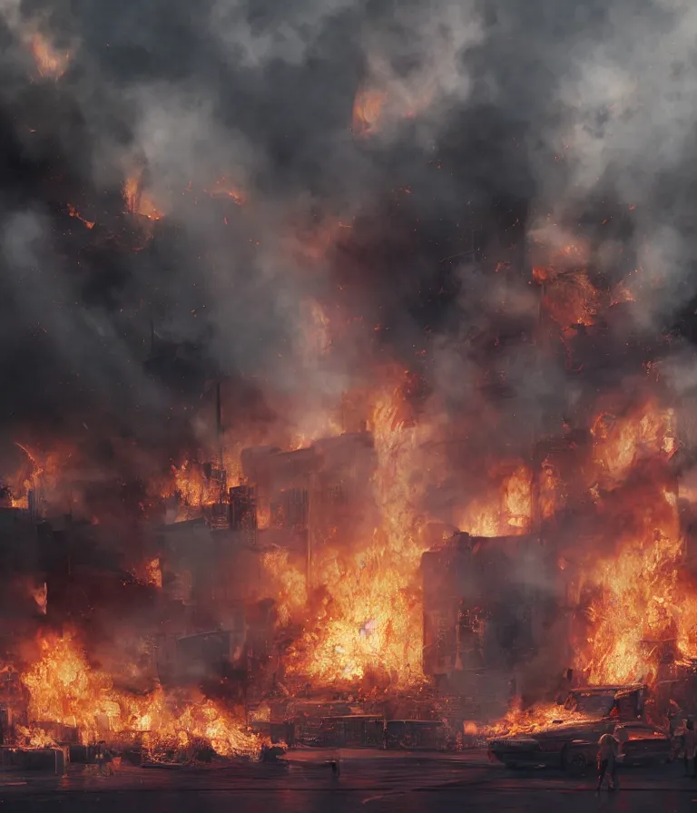 Image similar to a beautiful hyperrealistic detailed 3D render of a firey riot, by Anton Otto Fischer, Atey Ghailan, genzoman, unreal engine, octane render, gigantic, 3D, brilliantly coloured, intricate, ultra wide angle, trending on artstation, embers, smoke, dust, dusk, volumetric lighting, HDR, polished, micro details, ray tracing, 8k