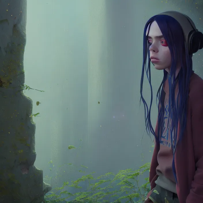 Image similar to billie eilish, goro fujita, naturel, hyper detailed, digital art, trending in artstation, cinematic lighting, studio quality, smooth render, unreal engine 5 rendered, octane rendered, art style by klimt and nixeu and ian sprigger and wlop and krenz cushart.