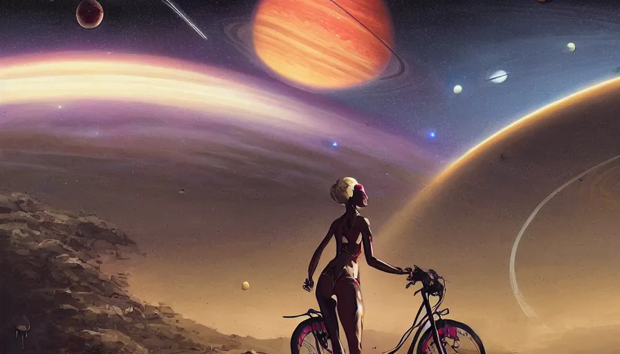 Prompt: sexy woman driving a bike overlooking a luxurious road on interstellar solar system with nearby planets seen from the distance, advanced highway, star trek style, by peter mohrbacher, jeremy mann, francoise nielly, android james, ross tran, beautiful, award winning scenery, clean details, serene, sakura season