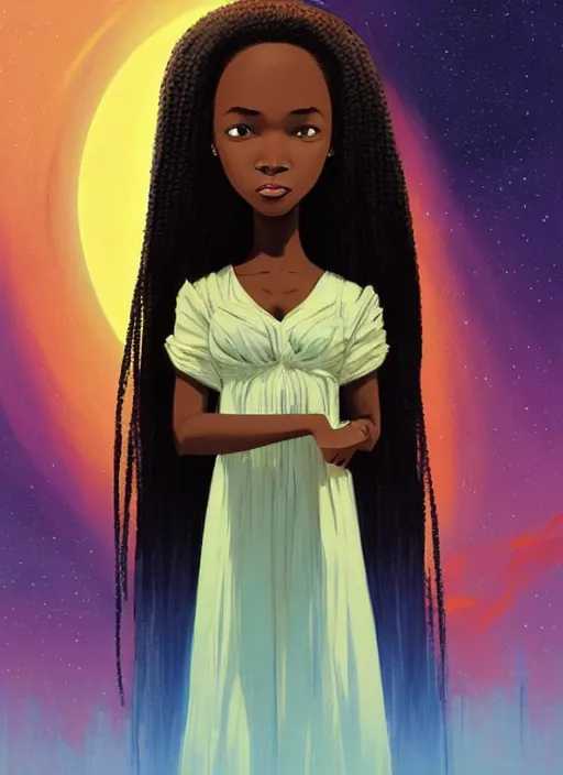 Image similar to full - length portrait of a young black woman with long flowing hair, wearing a flowing sundress, standing in front of a starry galaxy, detailed face, fantasy, cinematic lighting, digital art painting, fine details by realistic shaded lighting poster by ilya kuvshinov katsuhiro otomo, magali villeneuve, artgerm, jeremy lipkin and michael garmash and rob rey