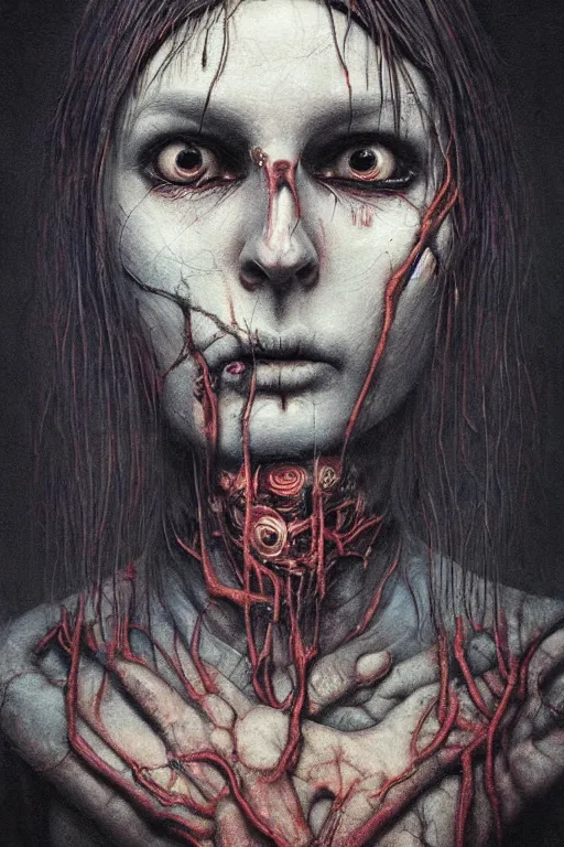 Image similar to surrealism crayon cartoon grunge portrait of a creepy horror nurse girl . intricate artwork. nightmare fuel. terrifying. by zdzisław Beksiński, wlop, dan mumford , trending on artstation, greg rutkowski very coherent symmetrical artwork. cinematic, hyper realism, high detail, octane render, 8k