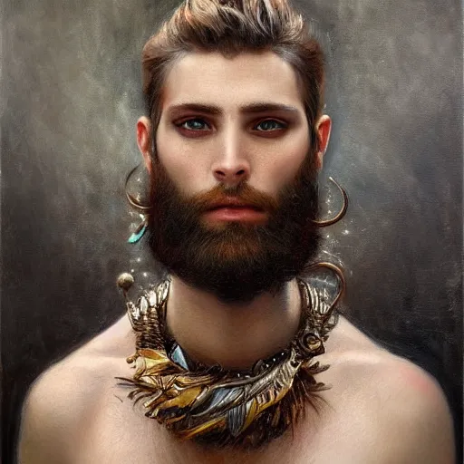 Image similar to photorealistic painting of a male face with piercings, realistic eyes, symmetric face, beautiful bone structure, beard, dark blonde long hair, painting by gaston bussiere