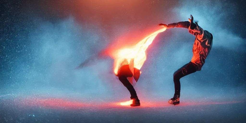 Image similar to fisheye slow motion with trail fire effect of futuristic break dancer wearing long dark cloak with glitter and golden helmet emitting fire, long exposure shot , enigmatic, at night in the middle of the arctic with red light A letter, paddle of water, steam, fog, water splashes, rim lights, glossy reflections, water droplets on lens, octane render, Volumetric dynamic lighting, stunning cover magazine, high details, hajime sorayama, glints, lens flares