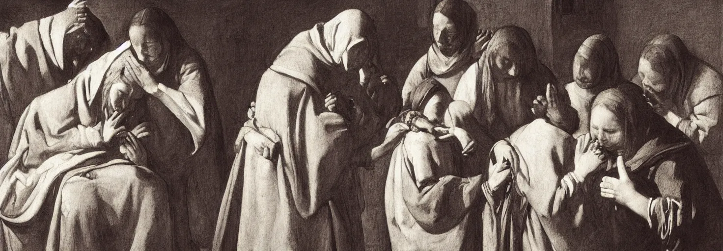 Prompt: a vermeer drawing of three maria's crying at the death of christ