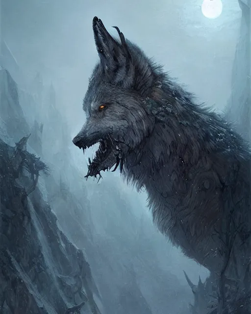 Image similar to king of wolves, elden ring, by artgerm, by greg rutkowski and zdizslaw beksinski, trending on artstation, octane render