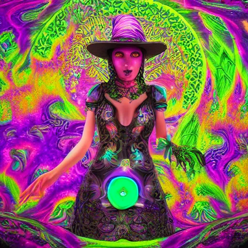 Image similar to psychadelic witch, hyper detailed, flowing psychadelic background intricate and detailed, ornate 8 k gorgeous intricate detailed, octane render