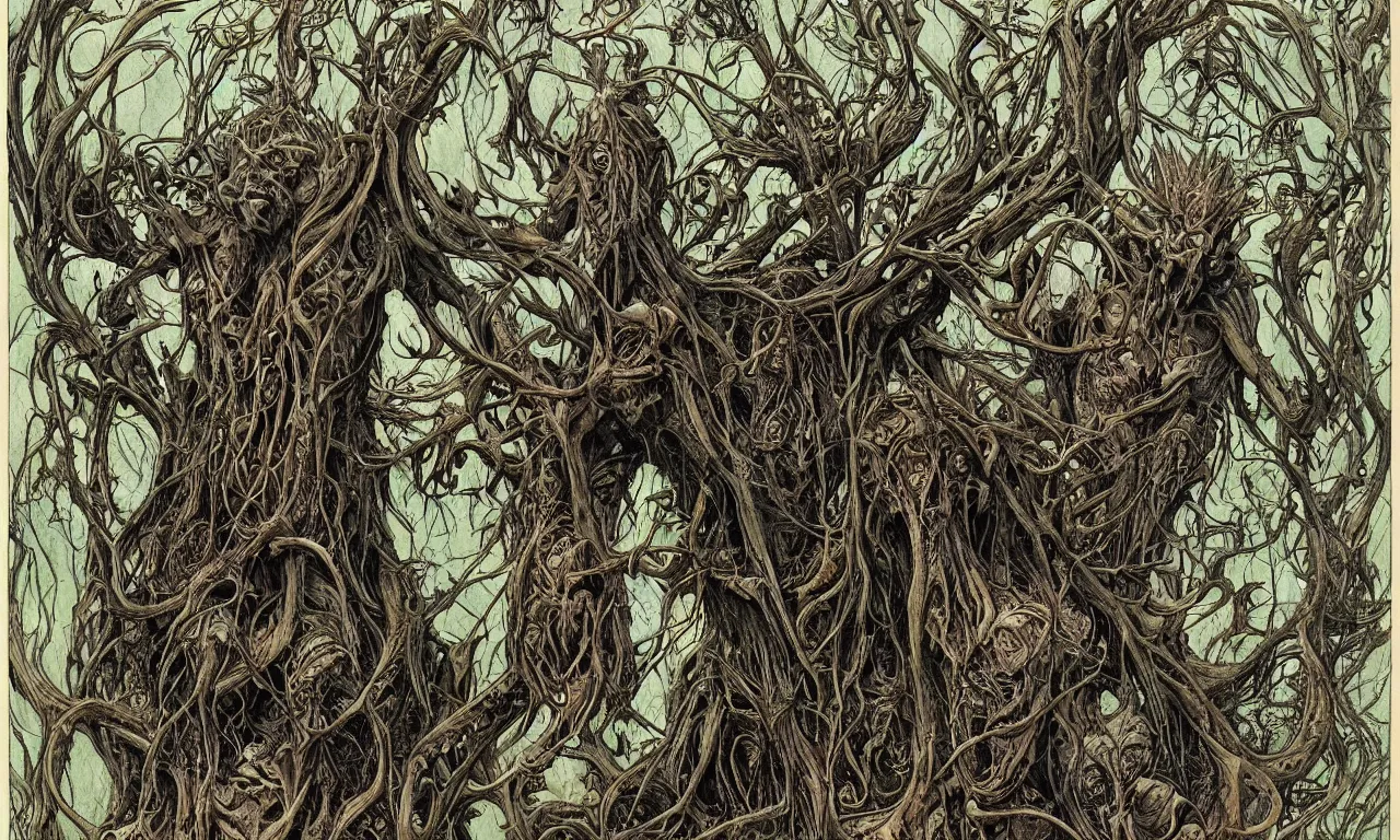 Image similar to hyperdetailed art nouveau portrait of treebeard and old groot as a cthulhu eyeball moose skull wendigo swamp thing cryptids, by michael kaluta, simon bisley and bill sienkiewicz, photorealism, claws, skeleton, antlers, fangs, forest, wild, bizarre, scary, lynn varley, lovern kindzierski, steve oliff