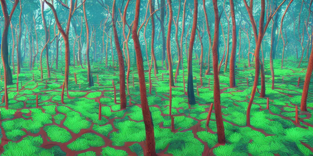 Prompt: abstract 3d landscape forest painting by james jean and David Schnell with 1 year old trees painted in no mans sky style, redshift, octane