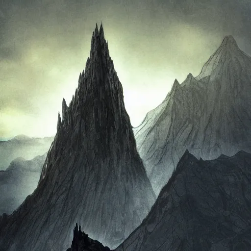 Image similar to Lord of the Rings cover art of the misty Mountains with the shadow of a forked tower over them in the style of J.R.R Tolkien