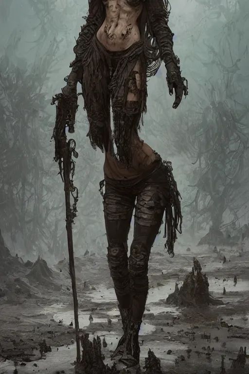 Image similar to a full body portrait of a beautiful post apocalyptic offworld nordic necromancer reposed by the bubbling mud pits, intricate, elegant, highly detailed, digital painting, artstation, concept art, smooth, sharp focus, illustration, art by krenz cushart and artem demura and alphonse mucha