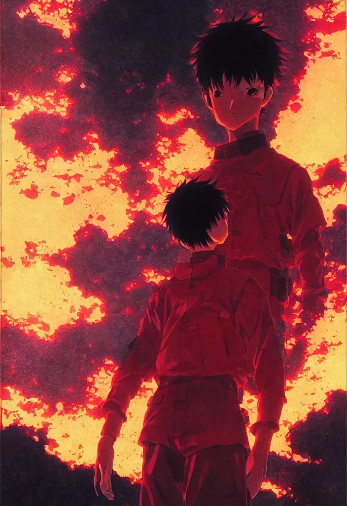 Image similar to detailed anime character portrait of kaneda from akira by katsuhiro otomo, silhouetted by a burning sun in neo - tokyo | anime, matte painting, dystopian megacity neo - tokyo, perfect, fine details, realistic, shaded, lighting, akira, artgerm, jeremy lipkin and michael garmash and rob rey